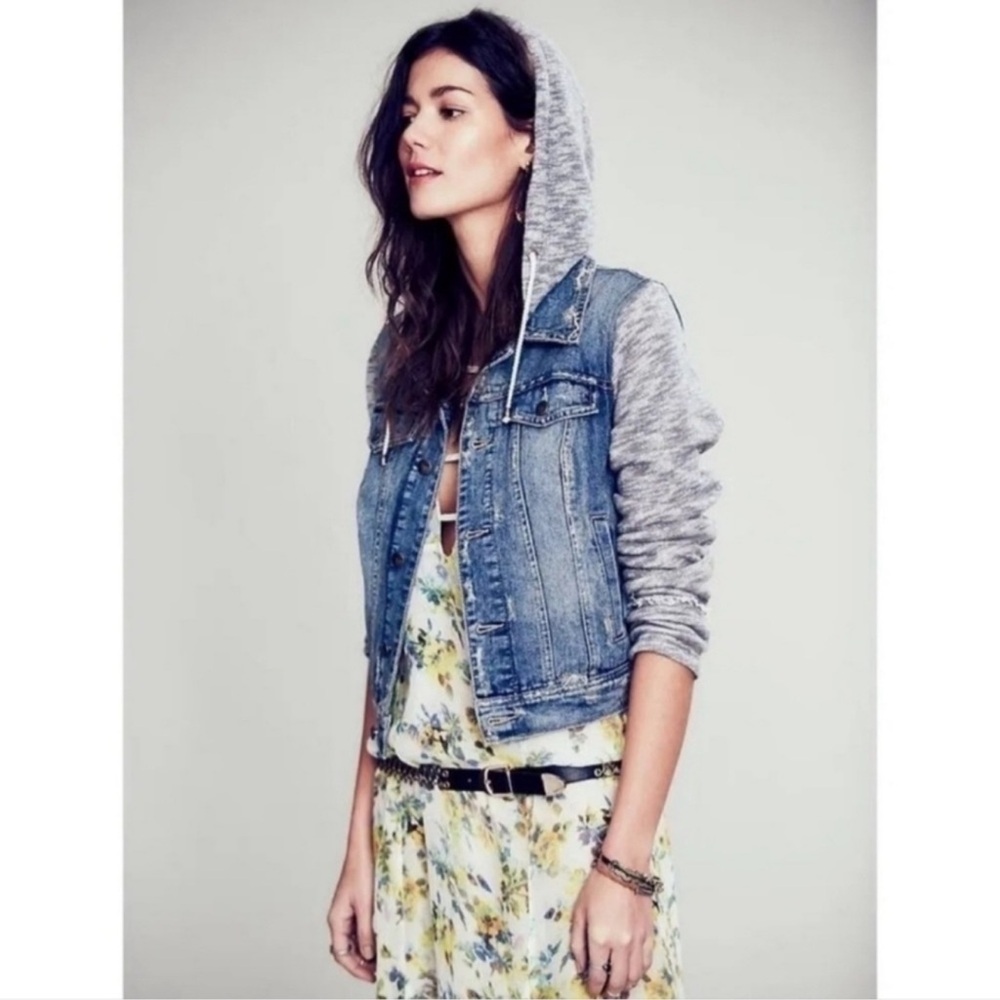 Free People Blue Jean Jacket with Gray Sleeves